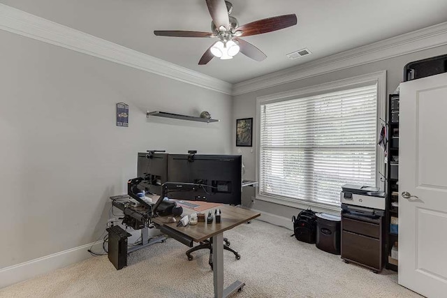 470 Wagon Hill Ln, Sugar Hill, GA 30518 - office featuring light carpet, ceiling fan, baseboards, and ornamental molding