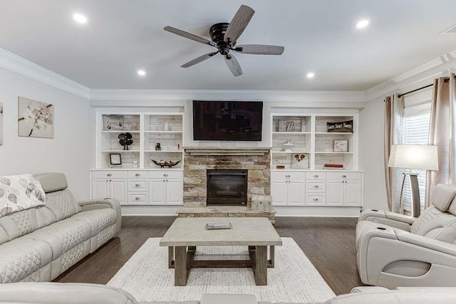 470 Wagon Hill Ln, Sugar Hill, GA 30518 - living room featuring crown molding, dark wood finished floors, a ceiling fan, a stone fireplace, and recessed lighting