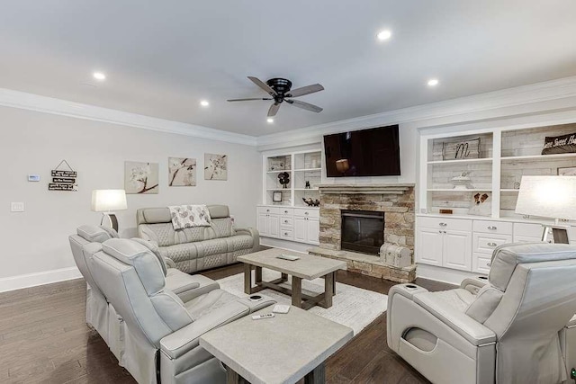 470 Wagon Hill Ln, Sugar Hill, GA 30518 - living area with ceiling fan, ornamental molding, baseboards, wood finished floors, and recessed lighting