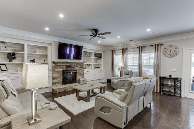 470 Wagon Hill Ln, Sugar Hill, GA 30518 - living room featuring ornamental molding, a ceiling fan, a stone fireplace, dark wood-style flooring, and recessed lighting
