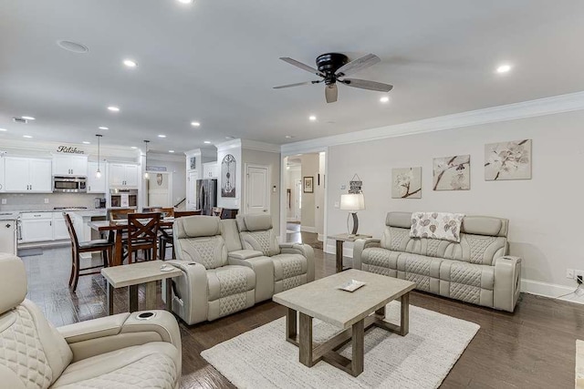 470 Wagon Hill Ln, Sugar Hill, GA 30518 - living area featuring ornamental molding, a ceiling fan, dark wood-type flooring, recessed lighting, and baseboards