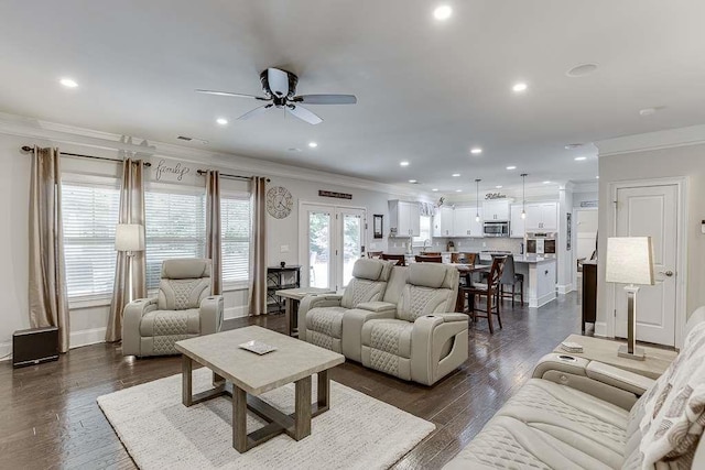 470 Wagon Hill Ln, Sugar Hill, GA 30518 - living area featuring crown molding, ceiling fan, recessed lighting, dark wood-style flooring, and french doors