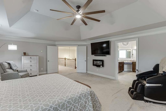 470 Wagon Hill Ln, Sugar Hill, GA 30518 - bedroom with light colored carpet, crown molding, ensuite bathroom, lofted ceiling, and baseboards
