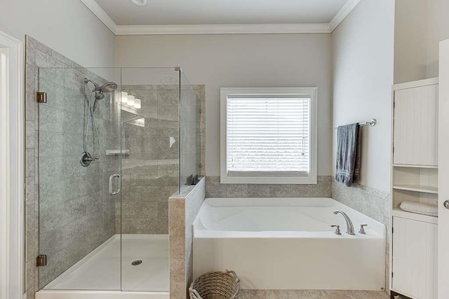 470 Wagon Hill Ln, Sugar Hill, GA 30518 - full bathroom featuring a bath, a stall shower, and crown molding