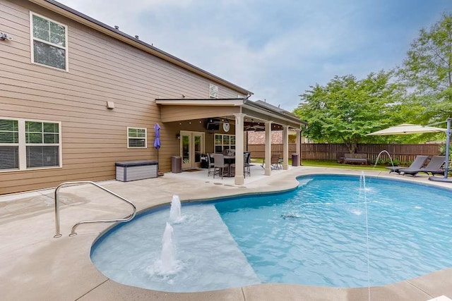 470 Wagon Hill Ln, Sugar Hill, GA 30518 - view of swimming pool with a fenced backyard, a patio, a ceiling fan, and outdoor dining space