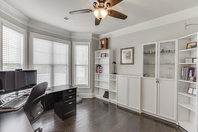 470 Wagon Hill Ln, Sugar Hill, GA 30518 - office featuring a ceiling fan, ornamental molding, dark wood-type flooring, and baseboards