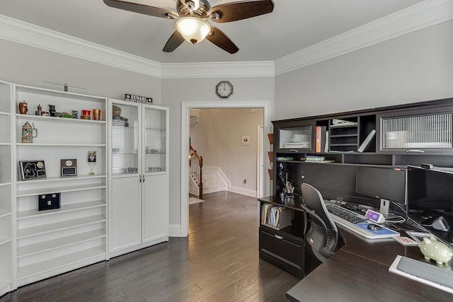 470 Wagon Hill Ln, Sugar Hill, GA 30518 - home office featuring a ceiling fan, crown molding, dark wood finished floors, and baseboards