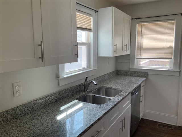 kitchen with a sink, visible vents, dishwasher, and white cabinets