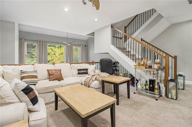 6023 Brookside Oak Cir, Norcross, GA 30093 - living area featuring carpet, stairs, and recessed lighting