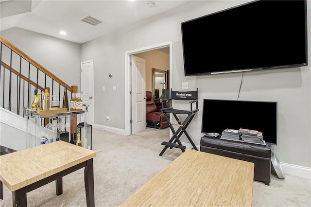 6023 Brookside Oak Cir, Norcross, GA 30093 - living area featuring light colored carpet, baseboards, stairs, and recessed lighting
