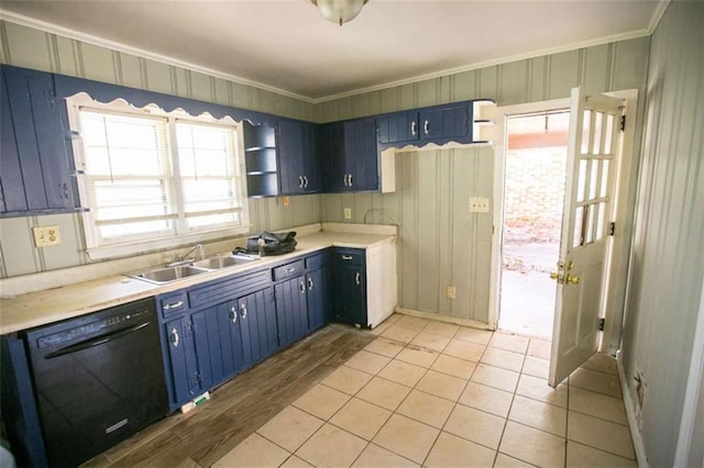 kitchen with sink, black dishwasher, blue cabinets, and crown molding