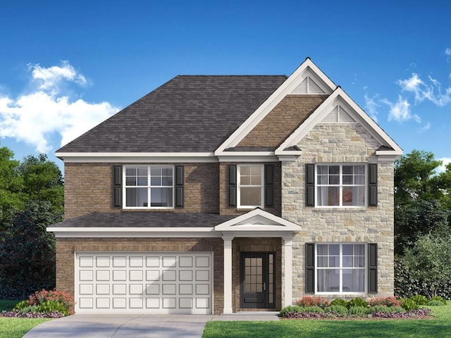 7171 Linden Dr, South Fulton, GA 30349 - craftsman house with an attached garage, concrete driveway, a shingled roof, and stone siding