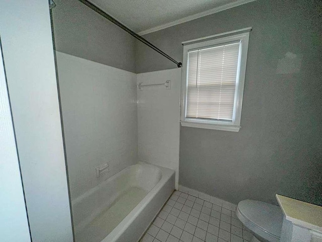 full bath with toilet, ornamental molding, tile patterned flooring, and shower / bath combination