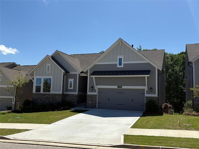 7020 Cottage Grove Dr, Flowery Branch, GA 30542 - craftsman inspired home with board and batten siding, concrete driveway, a front yard, stone siding, and a shingled roof