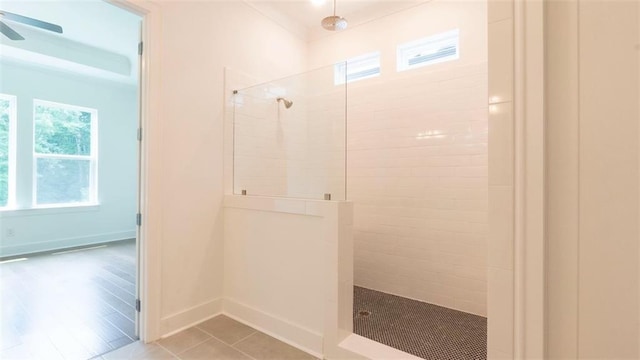 7020 Cottage Grove Dr, Flowery Branch, GA 30542 - bathroom featuring a walk in shower, healthy amount of natural light, and a ceiling fan