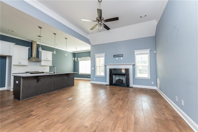 kitchen with light hardwood / wood-style flooring, a kitchen island with sink, wall chimney exhaust hood, and a premium fireplace