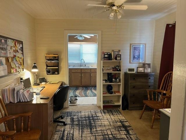 interior space with ceiling fan and sink