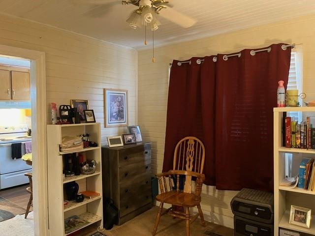 sitting room with wooden walls and ceiling fan