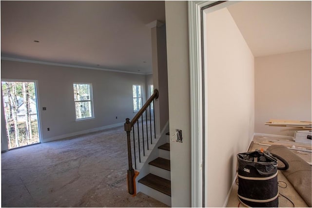 stairway with ornamental molding and a wealth of natural light