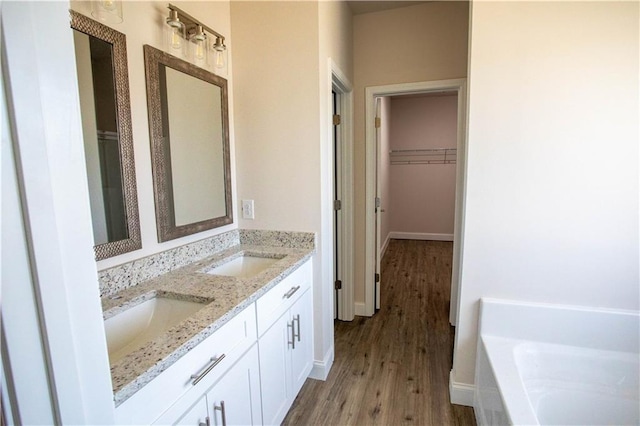 full bath with wood finished floors, a sink, a spacious closet, and a bath