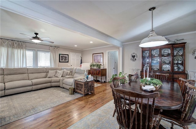 dining room featuring recessed lighting, a ceiling fan, light wood-style floors, and crown molding