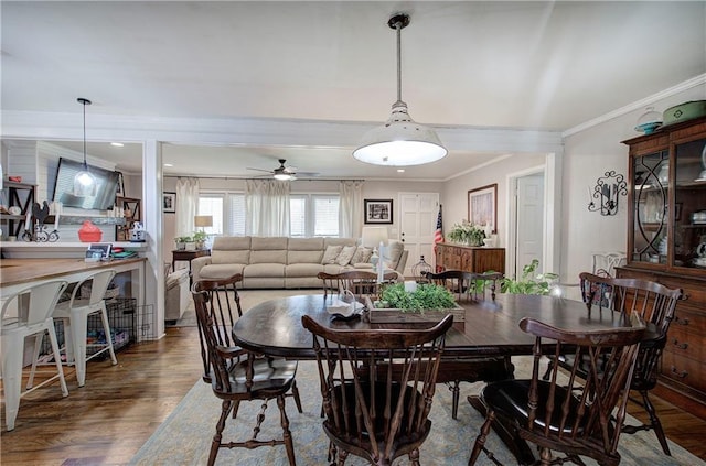 dining area with a ceiling fan, wood finished floors, and crown molding