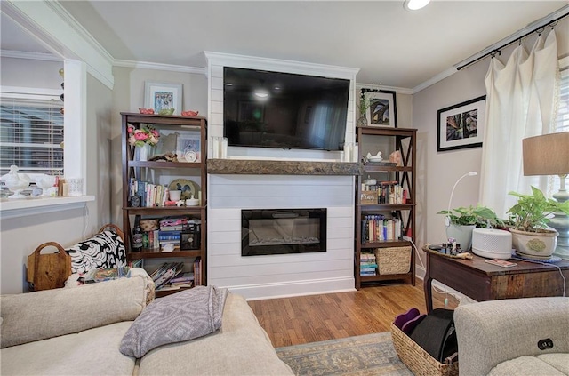 living room with a large fireplace, wood finished floors, and crown molding