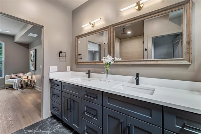 bathroom with wood-type flooring and vanity