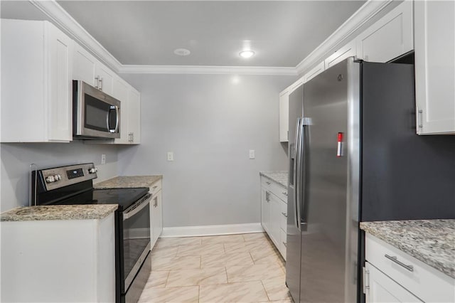 kitchen featuring white cabinetry, marble finish floor, appliances with stainless steel finishes, and ornamental molding