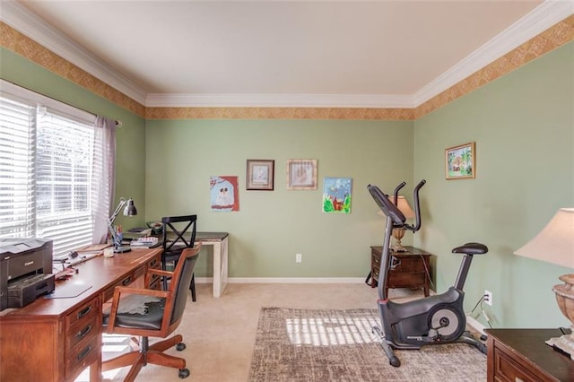 office space with ornamental molding and light carpet