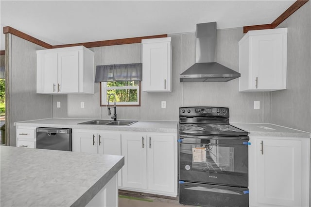 2655 Jess Guest Rd, Dewy Rose, GA 30634 - kitchen featuring wall chimney exhaust hood, black range with electric cooktop, dishwasher, a sink, and light countertops
