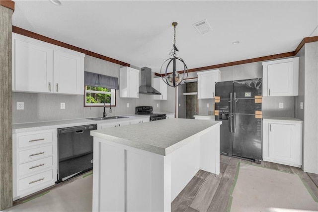2655 Jess Guest Rd, Dewy Rose, GA 30634 - kitchen featuring black appliances, wall chimney range hood, a sink, white cabinetry, and a center island