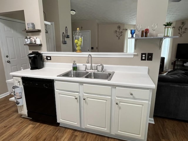 2529 Feathertree Ln, Lawrenceville, GA 30044 - kitchen with black dishwasher, a sink, open shelves, wood finished floors, and white cabinetry