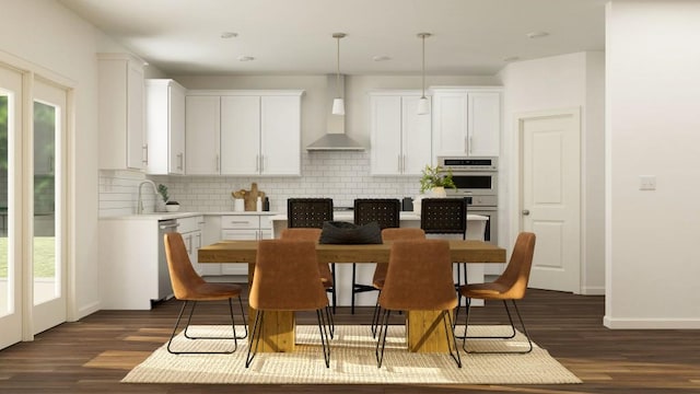 416 Valley View Trl, Canton, GA 30115 - kitchen with wall chimney range hood, tasteful backsplash, dark wood-style floors, white cabinets, and light countertops