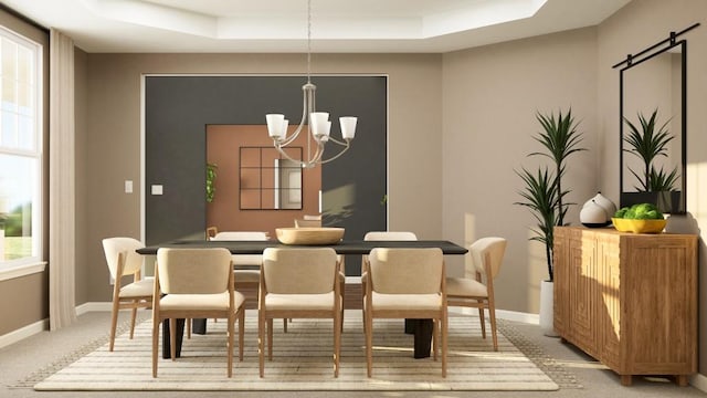 416 Valley View Trl, Canton, GA 30115 - dining area with a raised ceiling, light carpet, a chandelier, and baseboards
