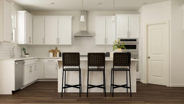 416 Valley View Trl, Canton, GA 30115 - kitchen with oven, wall chimney range hood, a kitchen breakfast bar, white cabinets, and dark wood-style flooring