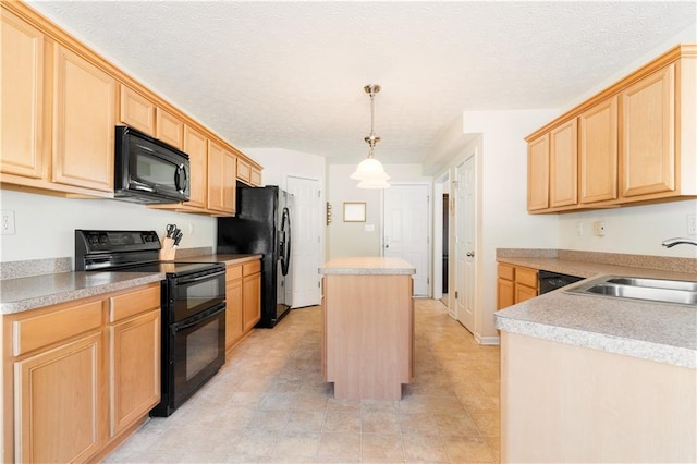 kitchen featuring light brown cabinetry, sink, a center island, pendant lighting, and black appliances