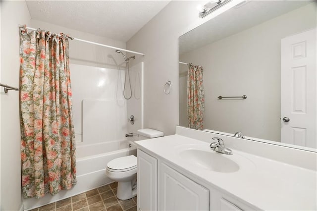 full bathroom with vanity, shower / bathtub combination with curtain, a textured ceiling, and toilet