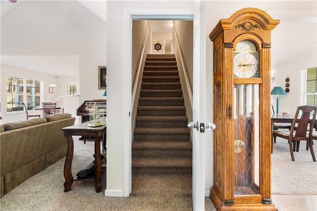 stairs with lofted ceiling and carpet floors