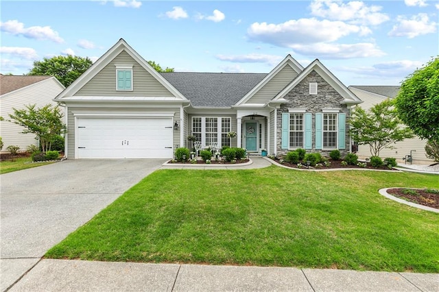 view of front facade featuring a garage, a front lawn, stone siding, and concrete driveway