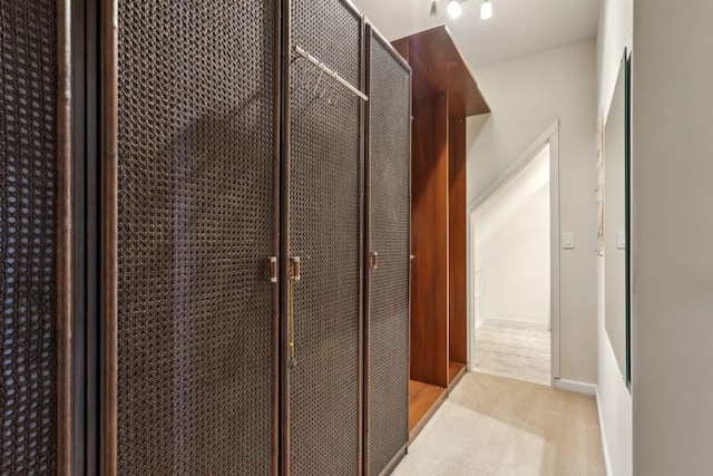 hallway featuring light colored carpet