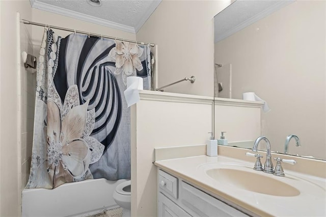 1732 Winding Woods Ln, Jonesboro, GA 30236 - bathroom featuring vanity, shower / bath combination with curtain, crown molding, and a textured ceiling