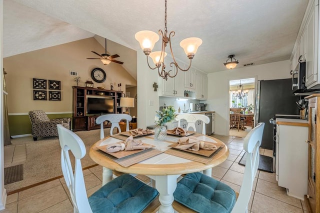 435 Flowering Trl, Grayson, GA 30017 - dining area with a chandelier, light tile patterned floors, a ceiling fan, lofted ceiling, and a textured ceiling