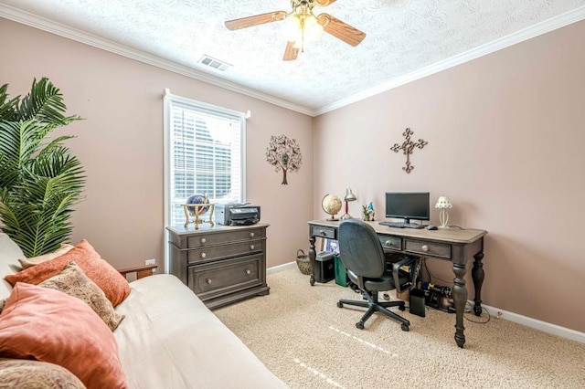 435 Flowering Trl, Grayson, GA 30017 - office with a textured ceiling, ceiling fan, carpet, ornamental molding, and baseboards