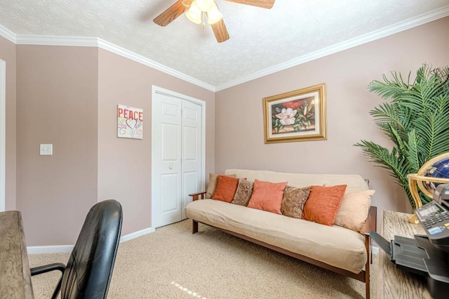 435 Flowering Trl, Grayson, GA 30017 - carpeted home office with a ceiling fan, baseboards, crown molding, and a textured ceiling
