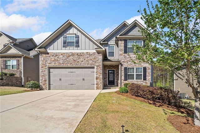 399 Cobblestone Trl, Dallas, GA 30132 - craftsman-style house with concrete driveway, board and batten siding, stone siding, and a front lawn