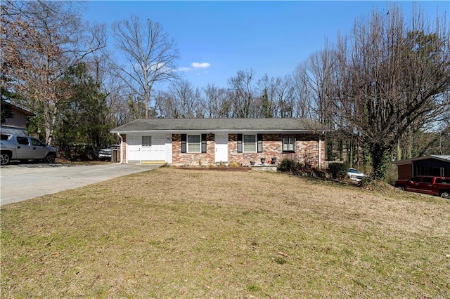 single story home with brick siding and a front lawn