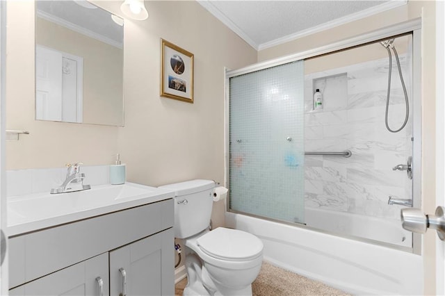 full bath featuring enclosed tub / shower combo, crown molding, vanity, and toilet