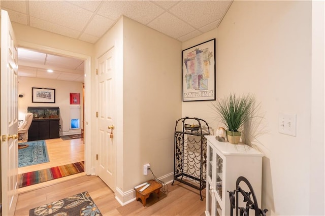 hall featuring a drop ceiling, wood finished floors, and baseboards