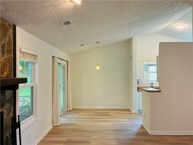 225 Magnolia Tree Ct, Johns Creek, GA 30022 - unfurnished dining area featuring vaulted ceiling, a textured ceiling, light wood-type flooring, plenty of natural light, and baseboards